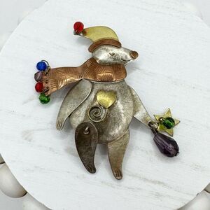 Christmas Winter Bear Brooch Moving Leg Folk Art Rustic Hat Scarf Mixed Metal